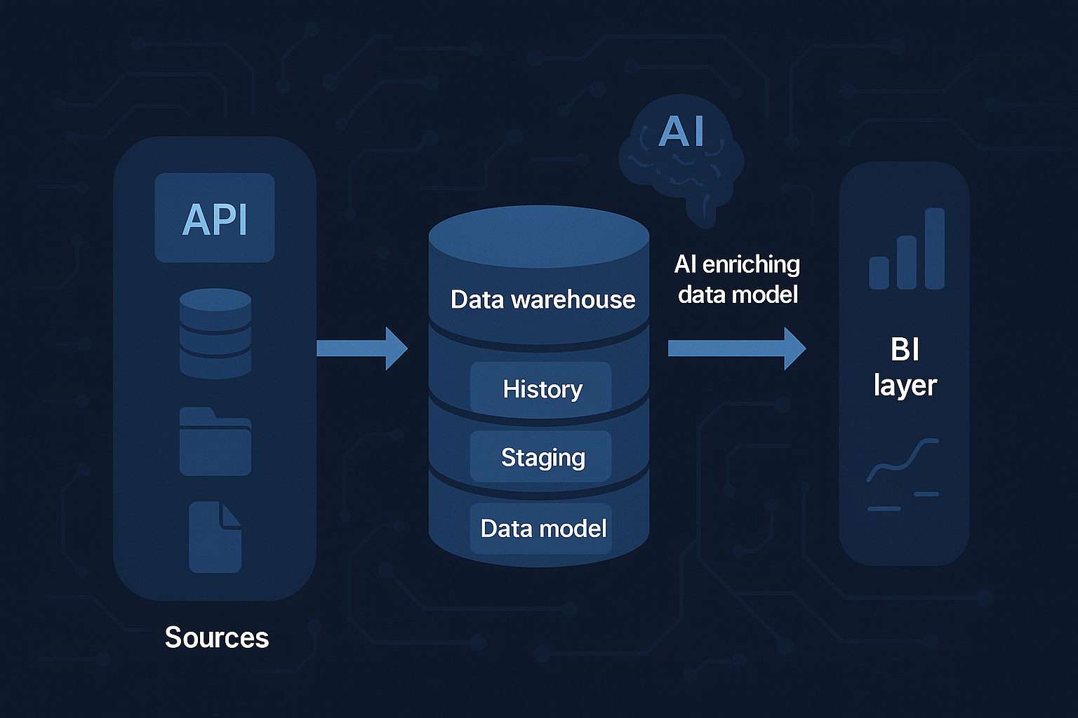 Schema toku dat z API, databází a souborů do datového skladu, obohaceno AI a napojené na BI vrstvy